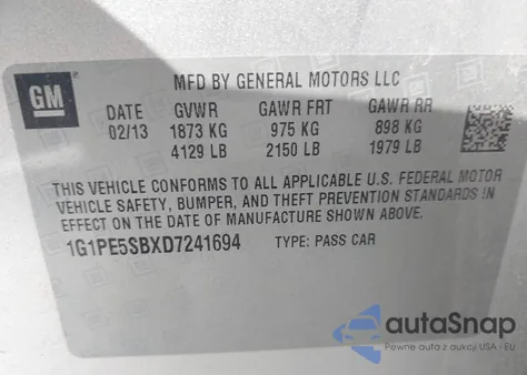 2013 Chevrolet Cruze 2Lt Auto from USA, damaged, VIN 1G1PE5SBXD7241694